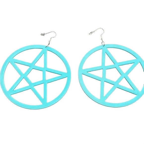 Pentagram Oversized Earrings Hoops Blue Plastic Star Pentagon NIP Lg 3.5 in Goth - Picture 1 of 5